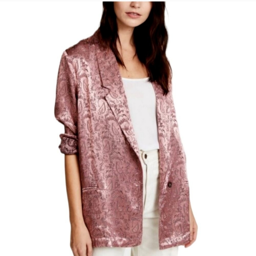 Free People silky jacquard paisley long one button pink purple blazer jacket S - Picture 3 of 10